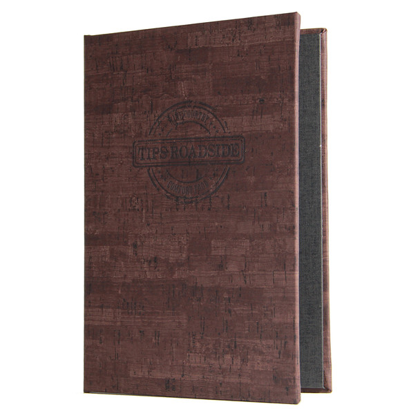 Cork look screw post menu cover in cocoa with optional burnished logo.