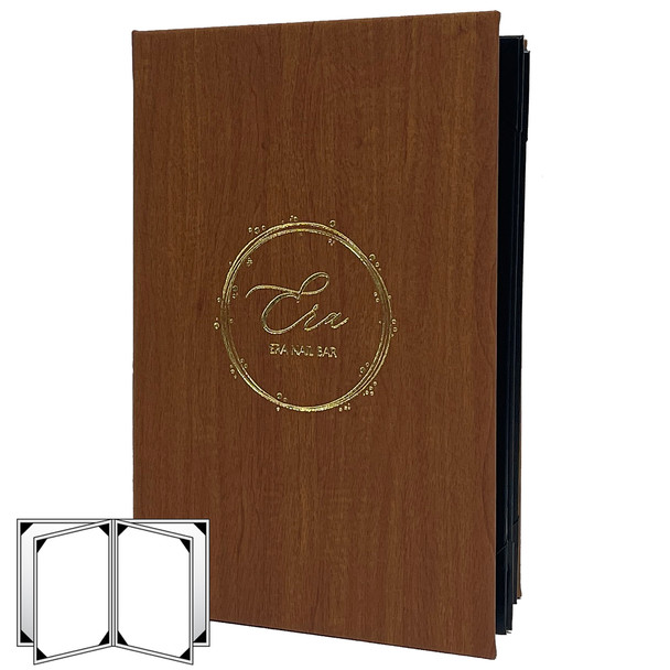 Wood Look Menu Cover Six View Menu Cover 5.5 x 8.5 in cedar with metallic gold foil stamp.