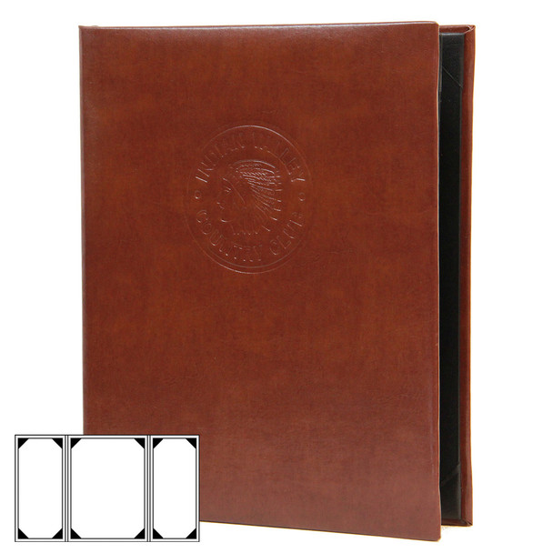 Bonded Leather Three View Gatefold Menu Cover in brown with a blind debossed logo