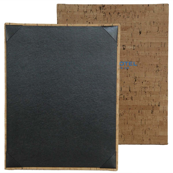 Cork Look One View Menu Board shown in natural faux cork with delano black interior panel