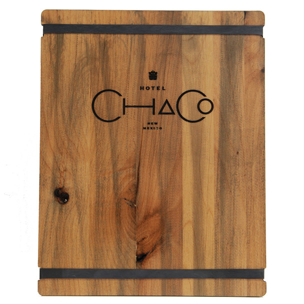 Stained Alder Wood Menu Board has alder distressed finish and engraved color filled logo.