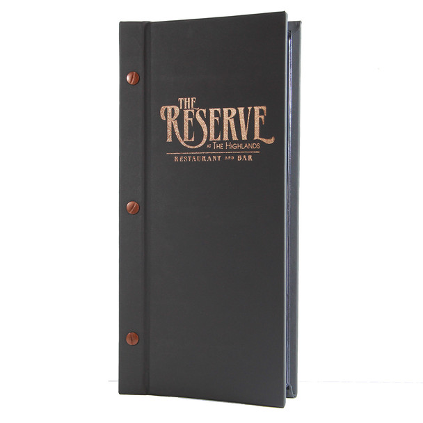 Carnegie Chicago Menu Board in charcoal with bronze foil stamp and bronze screws