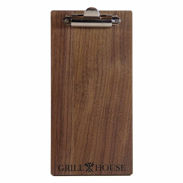 Solid walnut wood check presenter with clipboard clip and laser engraved logo.