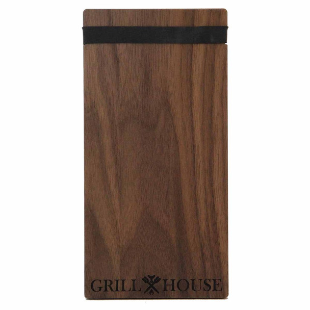 Solid walnut wood check presenter with latex free rubber band and laser engraved logo.