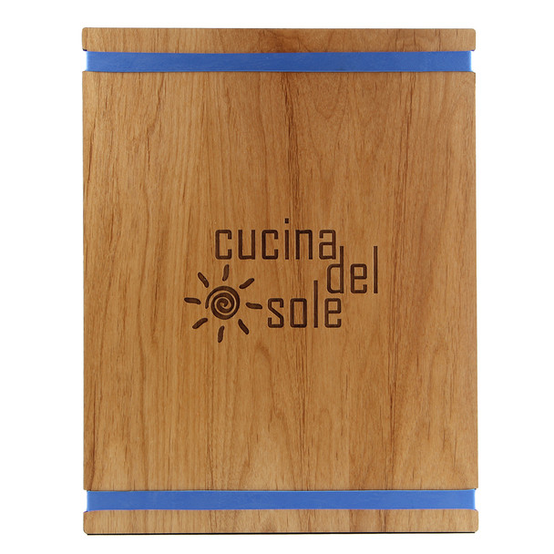 Solid Alder Wood Menu Board with Bands 8.5 x 11 with blue bands and laser engraved logo