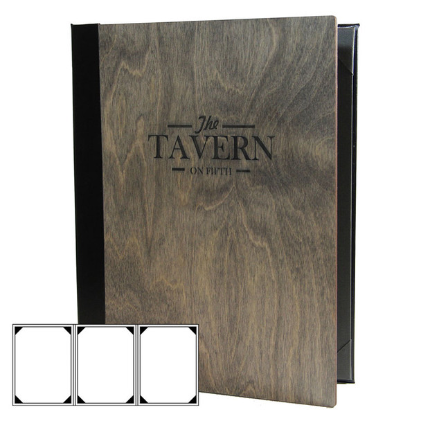 Baltic Birch Three View Menu Cover shown in driftwood finish with laser engraved logo.