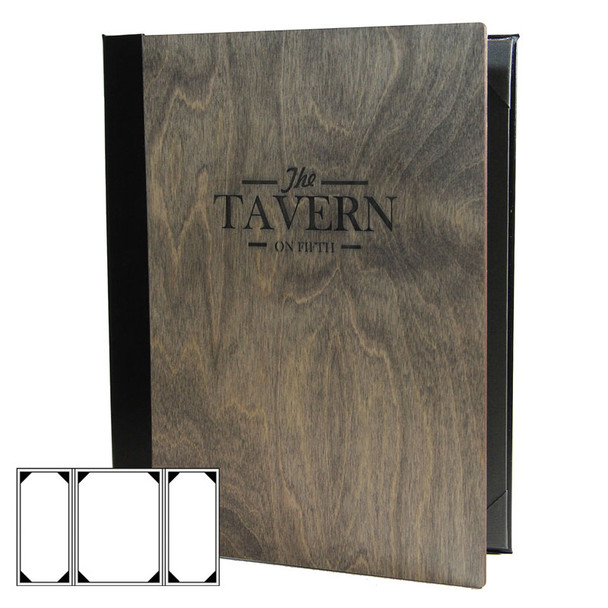 Baltic Birch Three View Gatefold Menu Cover shown in driftwood finish with laser engraved logo.