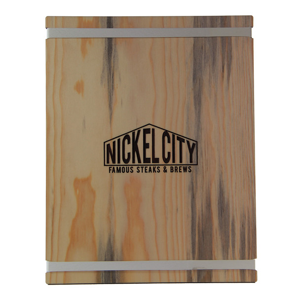 Blue Pine Wood Menu Board with Bands.  Photo shows white bands and laser engraved logo.