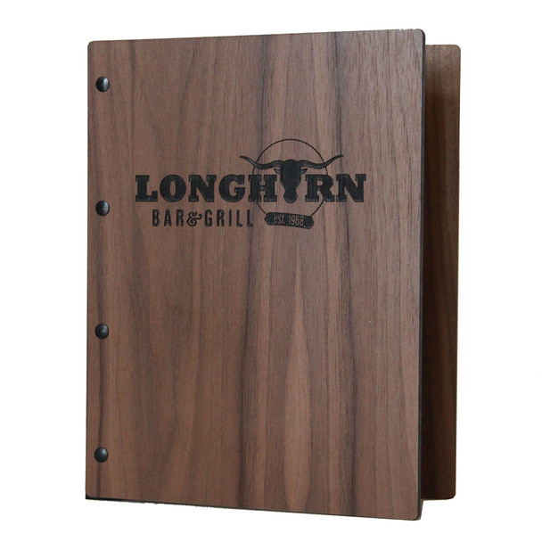 Riveted Walnut Three Ring Binder 5.5" x 8.5" with engraved logo and black rivets.