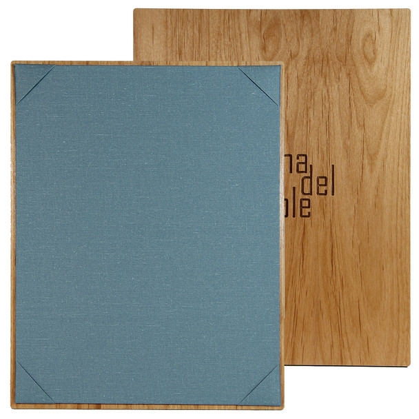 Solid Alder Wood One View Menu Board with blue twine diploma corner panel.