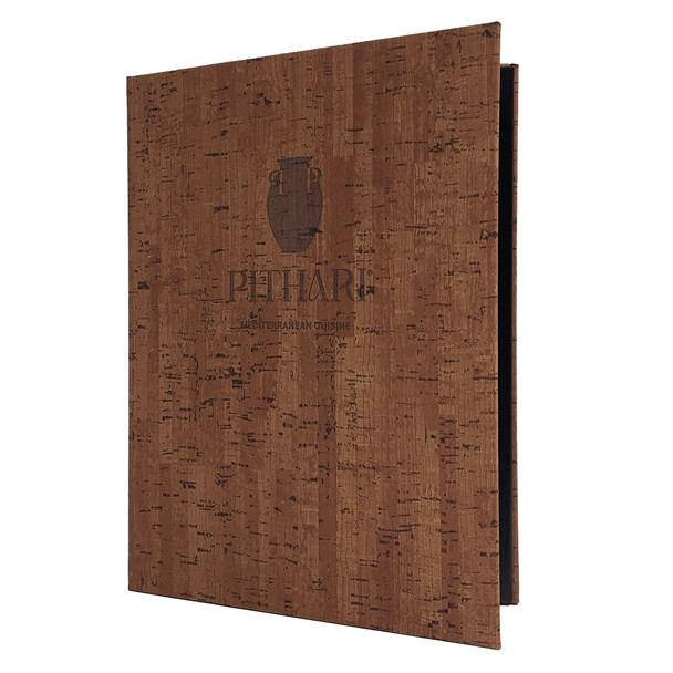 Cork Look Elastic Menu Cover with Eyelets 8.5x11 in Vintage with a burnished logo.