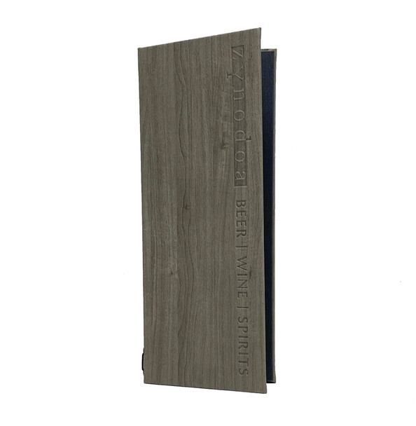 Wood Look Elastic Menu Cover 4.25x11 with eyelets and elastic barb.
