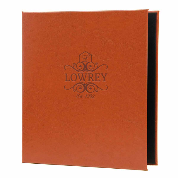 Tavern Three Ring Binder in medium brown with a burnished logo.