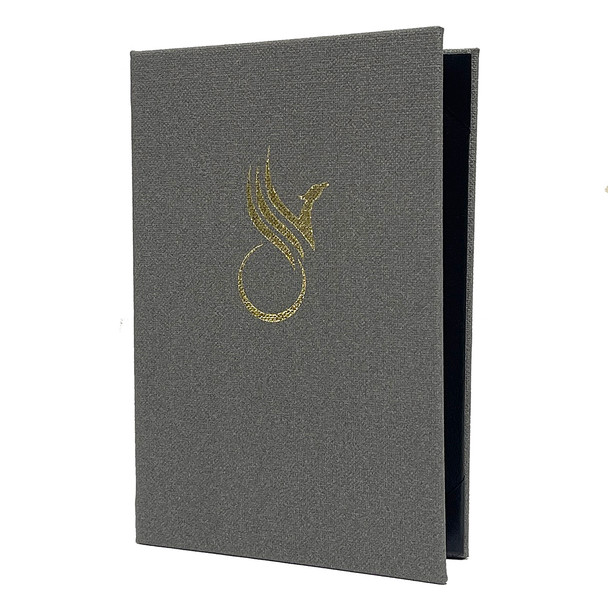 Preston Two View Menu Cover in steel with metallic gold foil stamp.