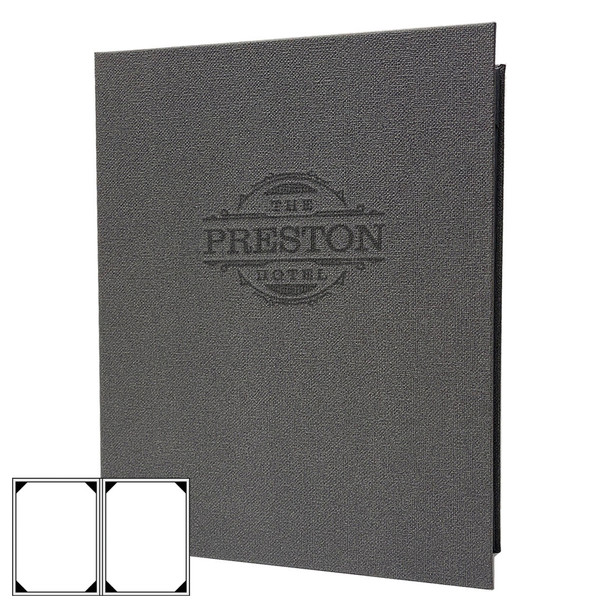 Preston Two View Menu Cover 8.5x11 in Steel with burnished artwork.