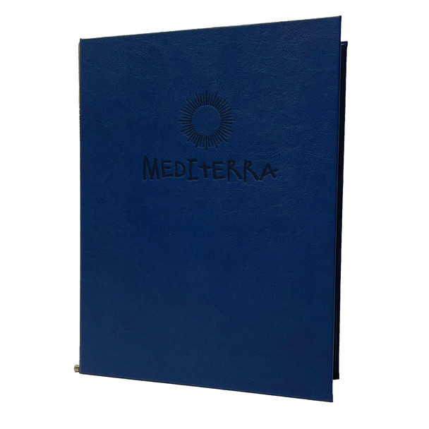 Prima Faux Leather Elastic Menu Cover 4.25 x 11 in cobalt with gold elastic menu cord holds 8.5 x 11 sheets of paper folded to 4.25 x 11.