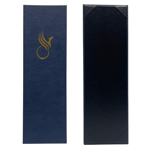 Front and back of Prima One View Menu Board 4.25x14 in ocean with metallic gold foil stamp.