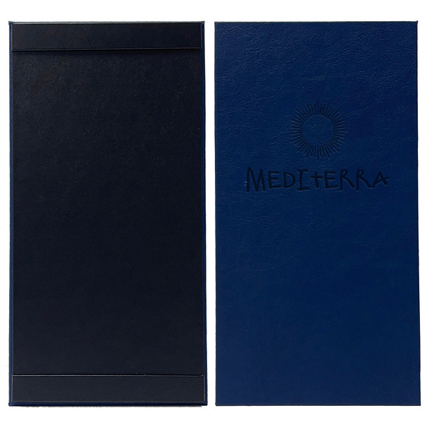 Prima One View Menu Board 5.5 x 11 in cobalt with burnished logo.