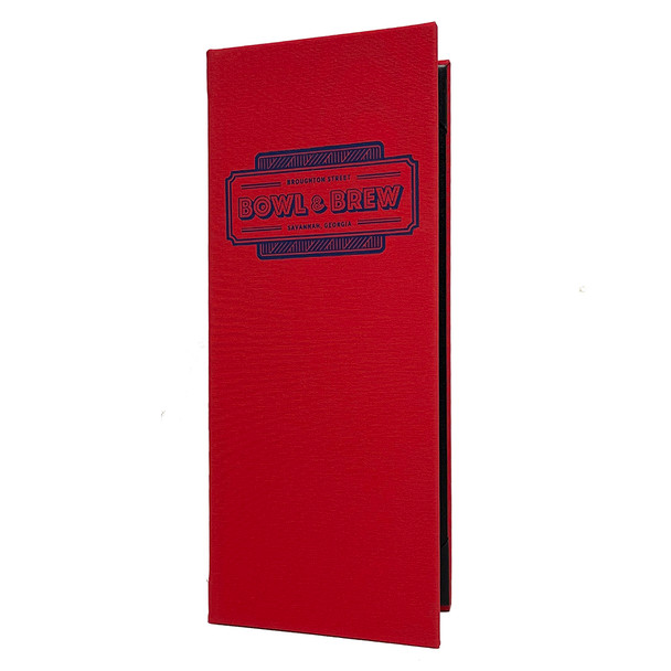 Linen Look Four View Menu Cover 4.25 x 11 in flare with matte navy foil stamp.