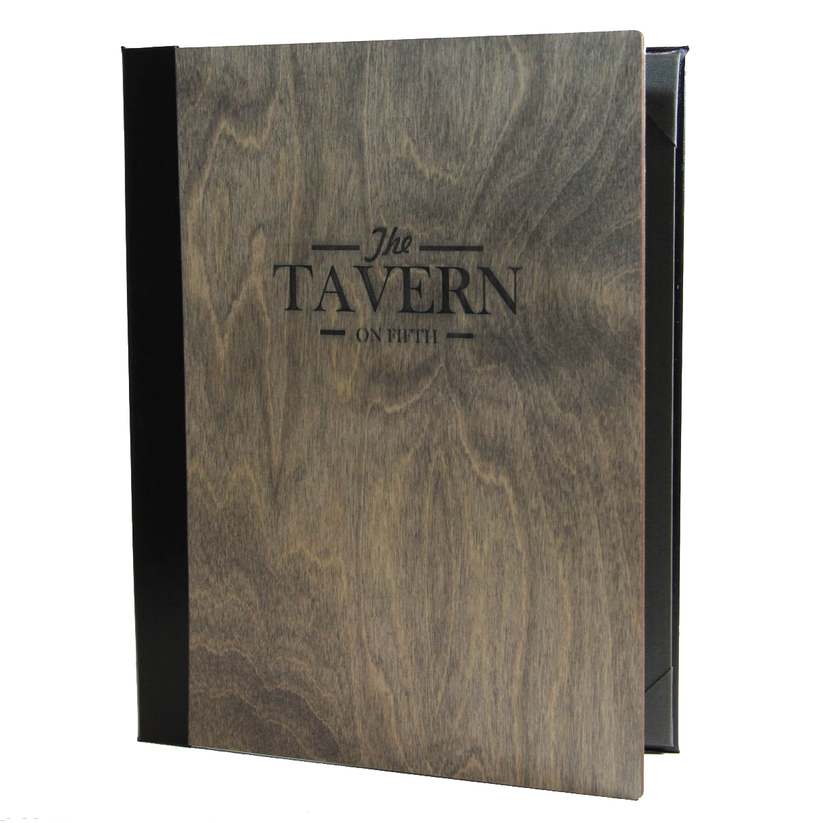 Baltic Birch Two View Menu Cover 8.5x11 in driftwood finish and black imitation leather spine.