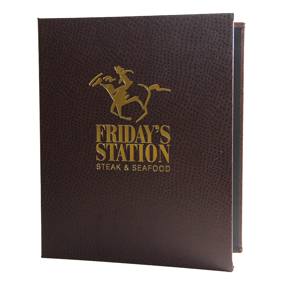 Ostrich Three Ring Binder 8.5x11 in dark brown with gold foil stamp.