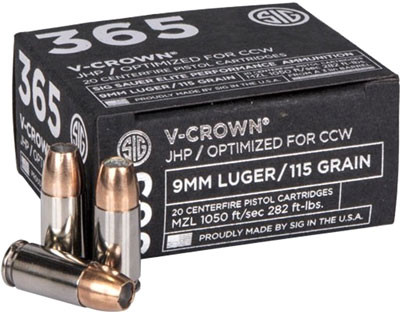 Sig Sauer AMMO 9mm 115GR ELITE V-crown 365 JHP 20RD 10BX/Case