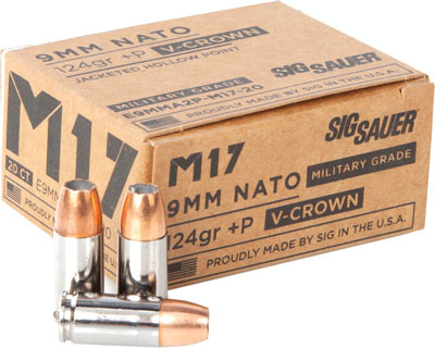 Sig Sauer AMMO 9mm 124GR +P ELITE V-crown M17 JHP 20RD 10BX/Case