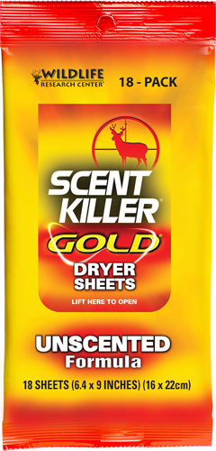 Wildlife Research WRC DRYER Sheets SCENT Killer GOLD Unscented 18-PACK