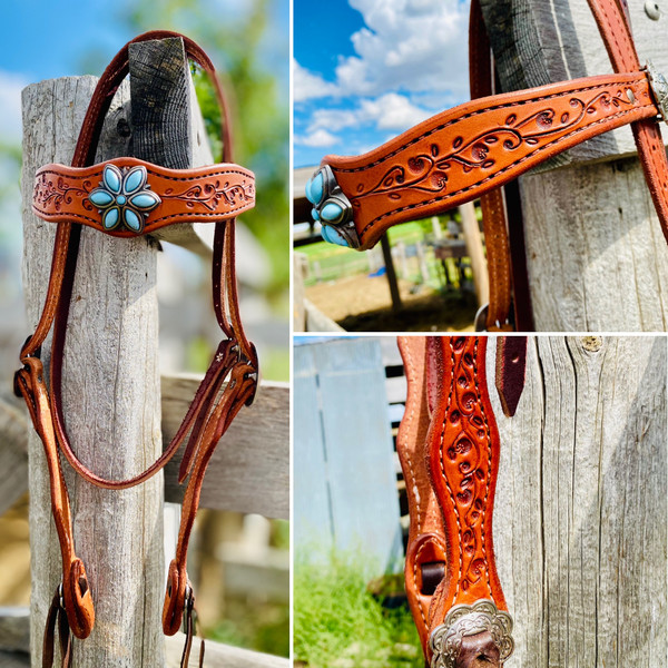 Headstall w/ vine carvings & Turquoise concho