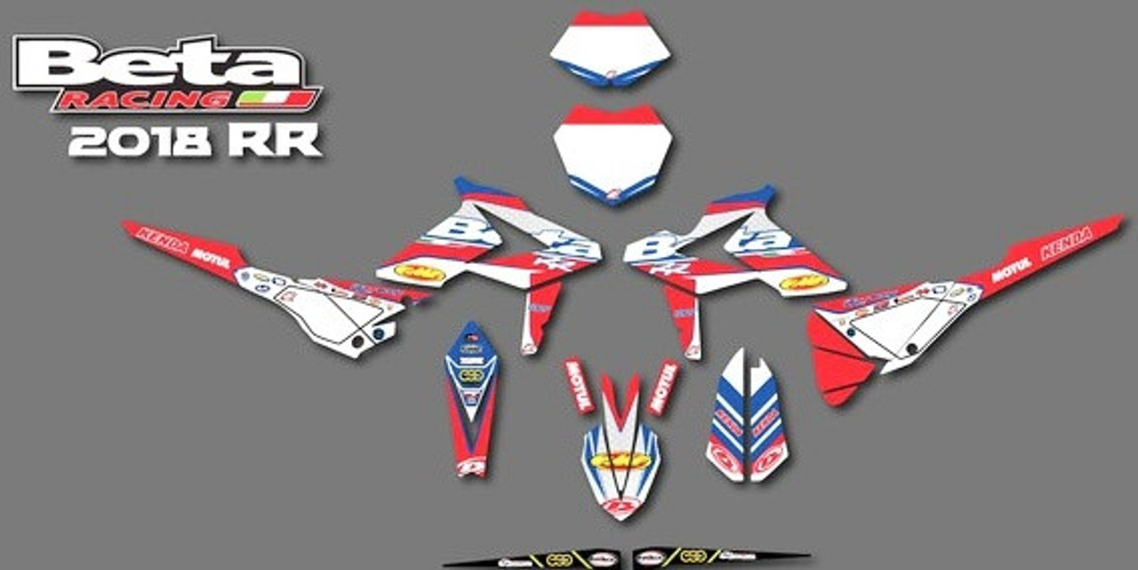 Beta USA Race Team Graphics, 2018 2018 Beta USA Factory Race Team Graphics High quality graphics made by HBD Includes 2 front number plates, radiator shrouds, fork guards, side panels, front/rear fenders, swingarm inserts, & all current sponsors Fits 2018 RR