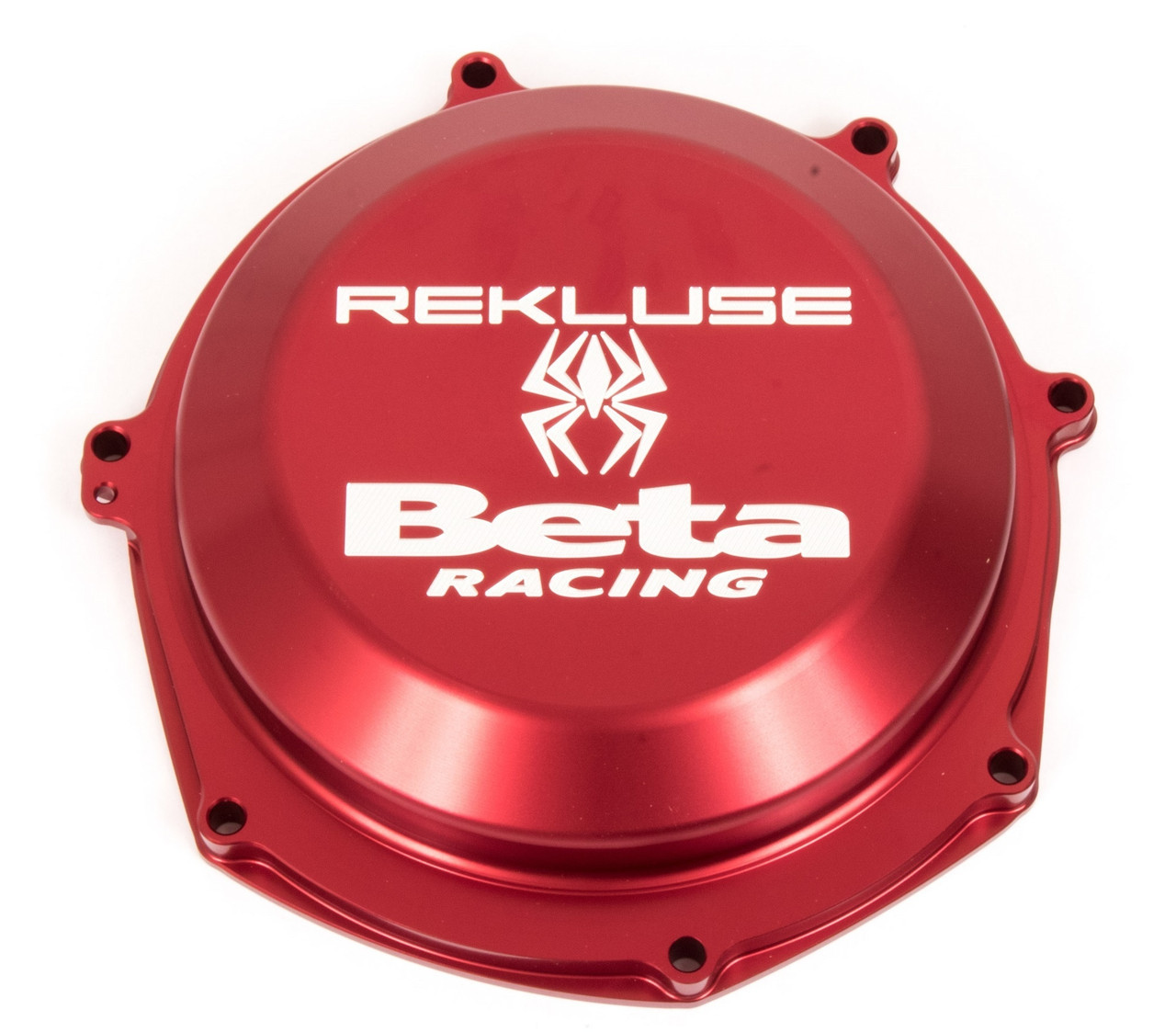 Billet Clutch Cover by Rekluse 4-Stroke, 2018/19 Billet aluminum red aluminum clutch cover Thicker and stronger than stock cover Beta Racing and Rekluse machined onto the cover Works with both stock and Rekluse clutches