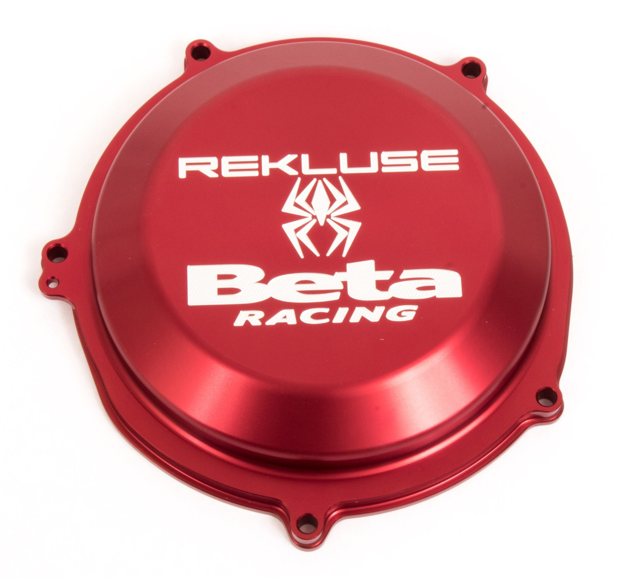 Billet Clutch Cover by Rekluse 4-Stroke, 2018/19 Billet aluminum red aluminum clutch cover Thicker and stronger than stock cover Beta Racing and Rekluse machined onto the cover Works with both stock and Rekluse clutches