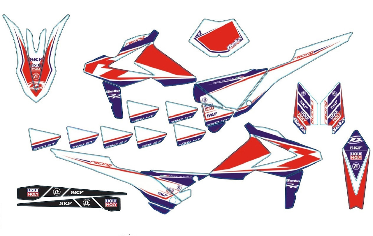 Factory Racing Graphic Set, 2019 edition Same '19 graphics the Factory Beta Race Team in Europe runs Kit covers the radiator shrouds, headlight mask, front & rear fenders, rear side panels, swingarm & fork