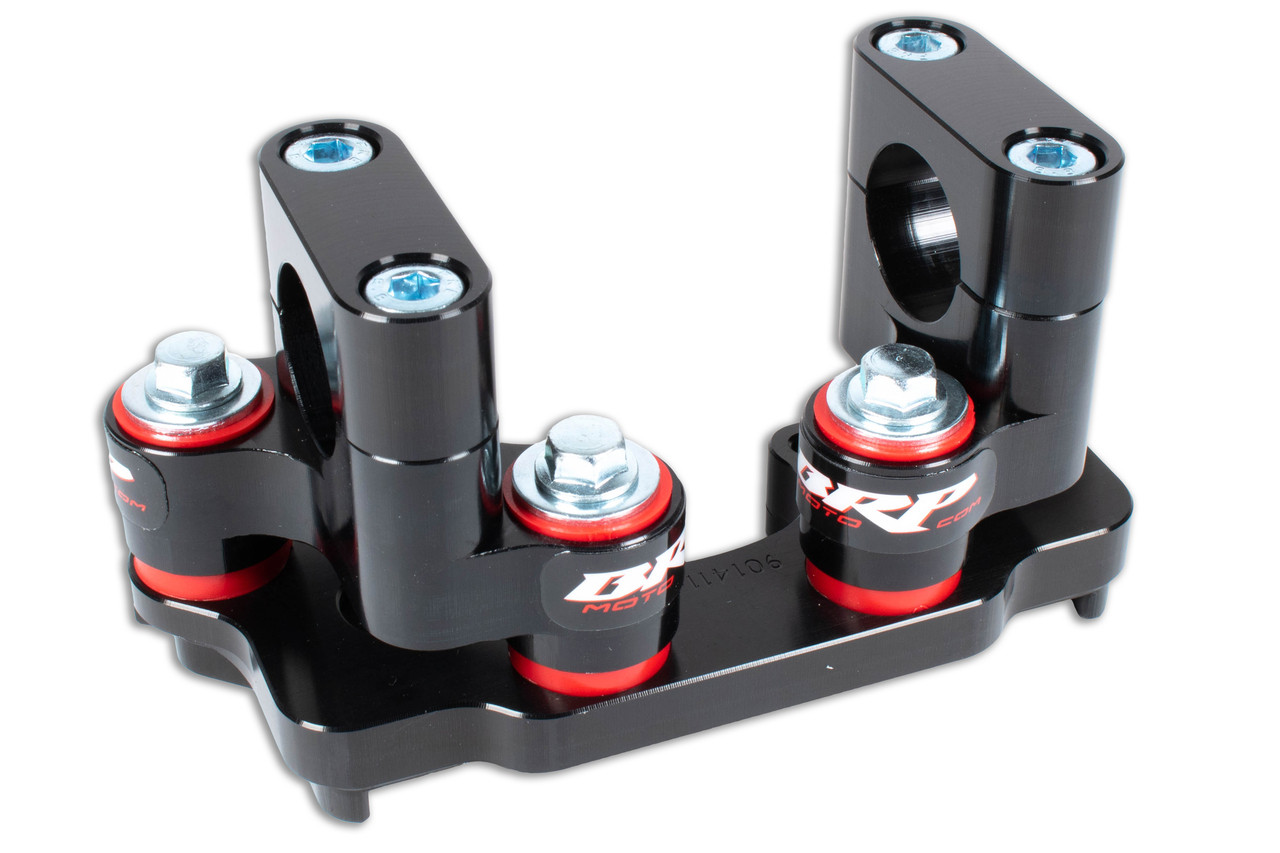 BRP Rubber Mounted Handlebar Clamp, 13+ RR 2-Stroke Adapter uses (8) Urethane bushings to isolate vibration & reduce rider fatigue SUB adapter mounts to existing rear bar mount holes to run in position 3 Creates approx 1" taller bar position, lower bend bars can be used to compensate for height