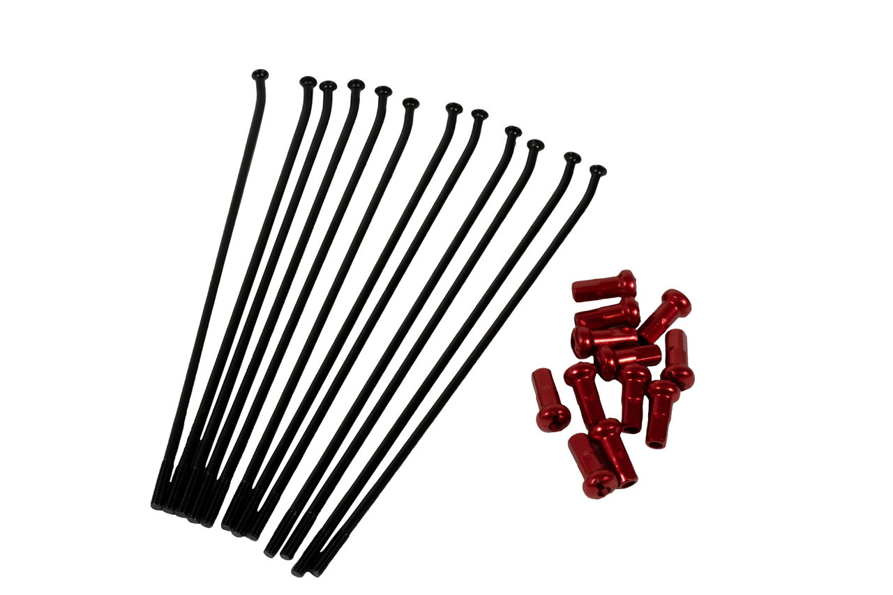 Kite Spoke Kit, 19", Black Kite spoke kit in black. These kits come in packs of 12. Includes red anodized nipples. Fits all 18"/19"/21" Kite wheels.