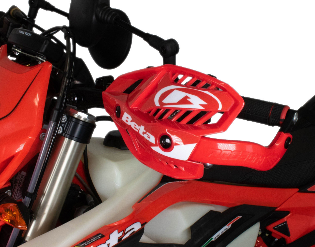 Beta Ultra Pro Bend Handguards made by Cycra. Curved sidebar for less compacted feel. New improved deflectors with optional venting. Fits All 2005+ RR/RS/RR-S/XTrainer. Available in Red, White, or Black.