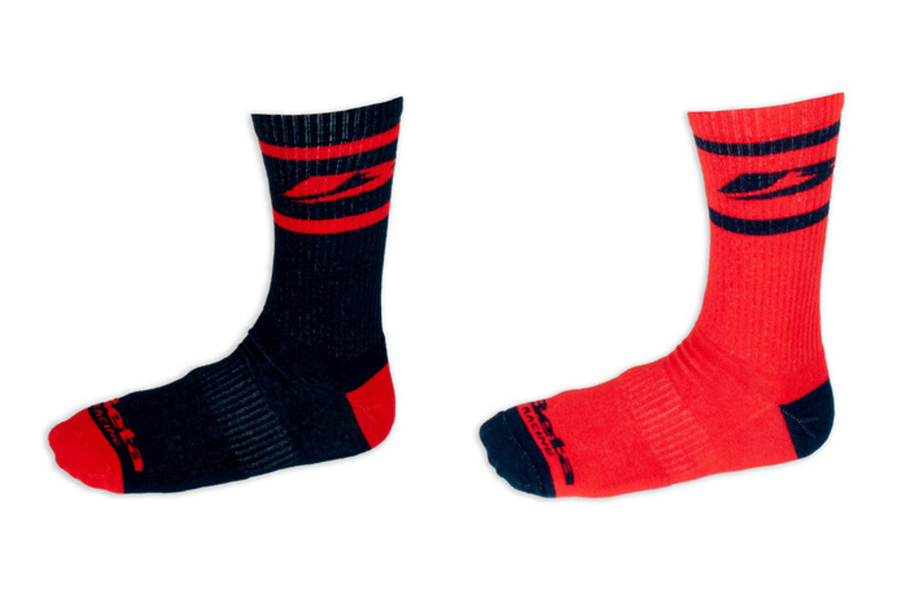 Beta Racing Crew Socks in Navy & Red. Cotton socks with a nylon spandex combination to create a tight fit. Made in the USA. One size fits most.