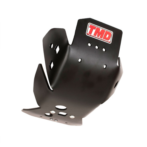 TMDesigns Skidplate w/ Linkguard, 18-19 2T, Black TM Designs Composite Skid plate with Link Guard TMD's Nylon composite formula utilizes silicone compounds Silicone additive ensures skid plate slides easily over rock/logs/dirt Integrated Link guard is highly effective linkage protection for off-road riding TMD's higher side coverage protects vital engine parts & cases TMD products are designed & Made in USA