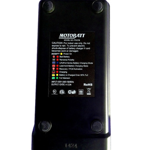 Motobatt 12V 2amp Lithium Charger Charges LiFePO4 (lithium), AGM, GEL, & Standard Flooded Lead Acid batteries "Smart" microprocessor selects correct chemistry, perfect for all Beta batteries Plug & Play, PDCFB has latest technology optimized for MotoBatt & other Batteries Microprocessor reads correct voltage of the connected battery 9-Phase process monitors battery resistance 100's of times/second while charging/maintaining