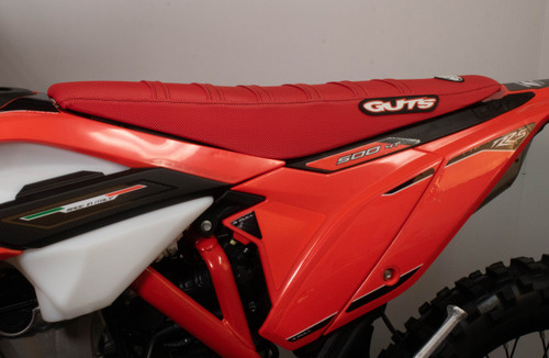 Guts Standard Seat Cover, Red. Made with gripper material and sewn on ribs to help from sliding on your seat. Made in USA. Fits 2020 RR/RR-S