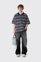 Martine Rose Oversized S/S Polo 674JE09059 Grey Black Stripe