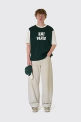 AMI Paris Paris T-Shirt with Felt Embroidery UTS418.JE0272 A244 Vert Bouteille/Ivoire
