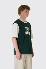 AMI Paris Paris T-Shirt with Felt Embroidery UTS418.JE0272 A244 Vert Bouteille/Ivoire
