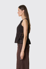 GANNI Yarn Dyed Check Smocked Tie String Top A1040421 ZX8 Cappuccino
