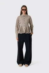 GANNI Light Check Flannel Peplum Shirt A1140033 Oyster Gray 873