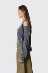 Simone Rocha Relaxed Cashmere Slash V-Neck Jumper W/Bow COMK9E 0667 Grey/Black