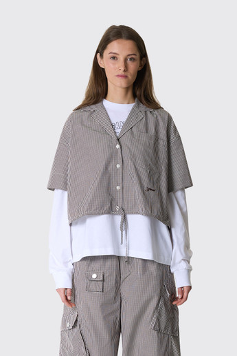 GANNI Check Cotton Cropped Bowling Shirt A1040308 979 Chicory Coffee