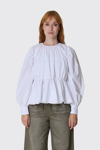 GANNI Compact Poplin Gathered Peplum Blouse A1040500 Bright White 151