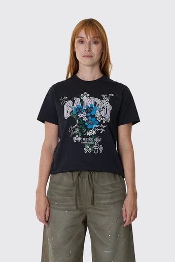GANNI Basic Cotton Relaxed T-Shirt Flower Print A1050331 Phantom 252