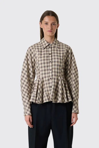 GANNI Light Check Flannel Peplum Shirt A1140033 Oyster Gray 873